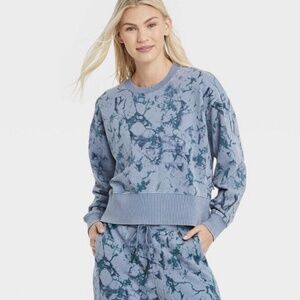JoyLab Women’s French Terry Acid Wash Crewneck Pullover Blue Marble Print